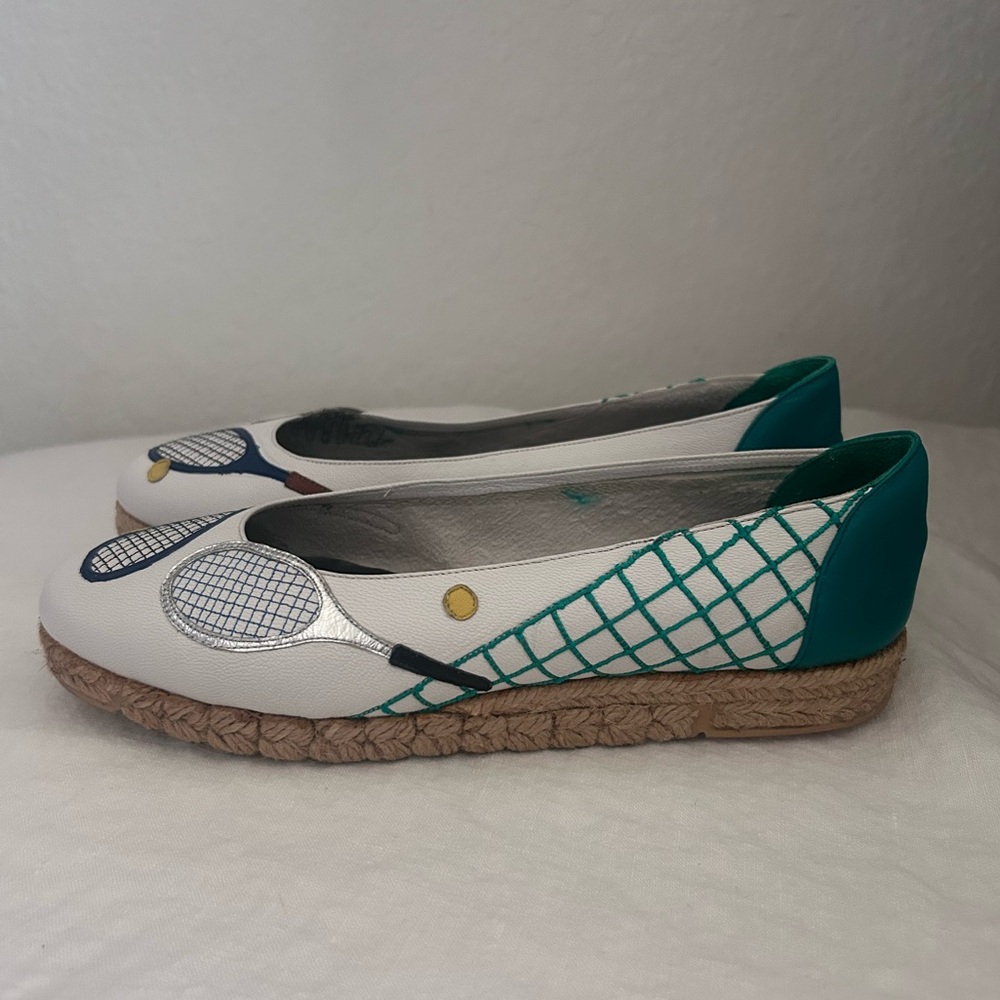 Knights Apparel White Espadrille Flats with Navy and Teal Tennis Motif - Picture 3 of 5